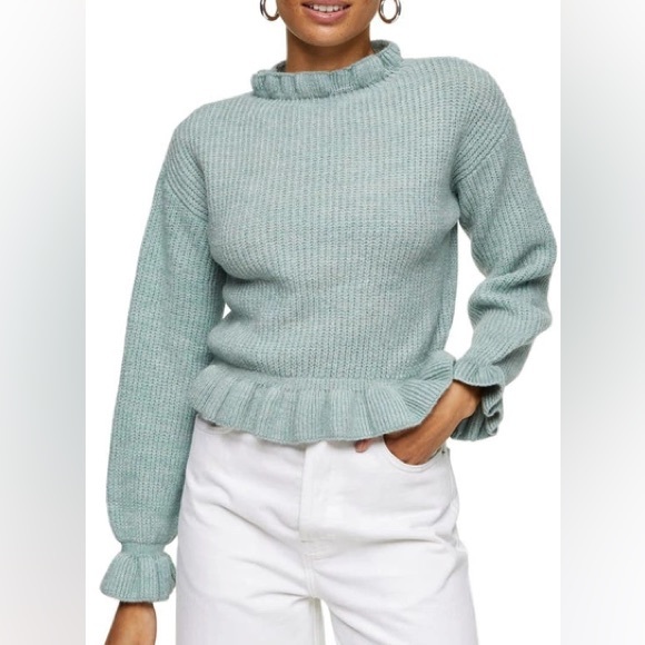 NWT Topshop Ruffle Neck, Cuffs, and Hem Frill Sweater - Blue - XS - Picture 1 of 7